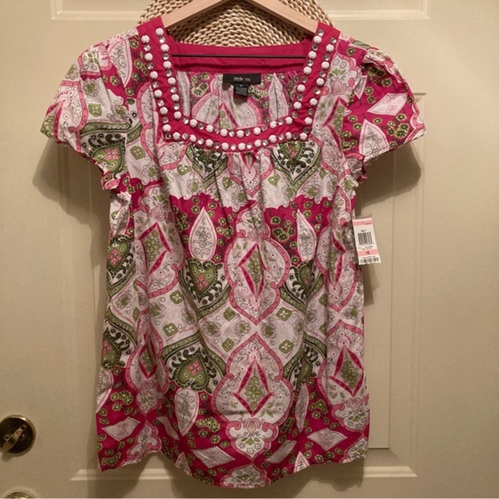 Style & Co. Jewel Studs Embellished Paisley Peasant Top Princess Square Women M